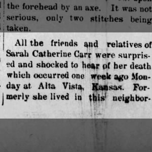 1899-May-4 Sarah Catherine Carr Snodgrass - obituary part 1 - Everest Enterprise KS