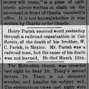 W. C. Parish death 16 Mar 1895