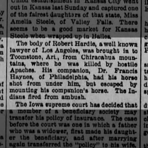 1890 - KS paper details Ronert Hardle lawyer of CA killed by indians