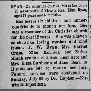 Obit for Eliza Wood Ryan, d: 27 Jul 1896, 11 miles north of Kirwin, Phillips, KS