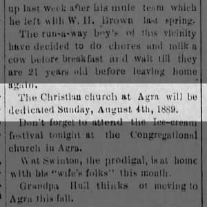 Kirwin Graphic 01 Aug 1889 Christian Church dedicated Aug 4, 1889