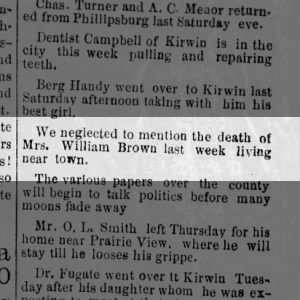 Alliance Watchman (Phillipsburg, Ks) 23 Jan 1890 Mrs. William Brown death last week