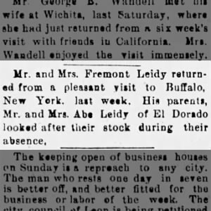 Mr. & Mrs. Fremont Leidy return from Buffalo, NY