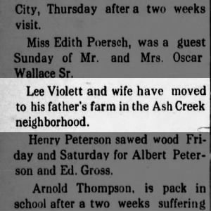 moved to father's farm in Ash Creek