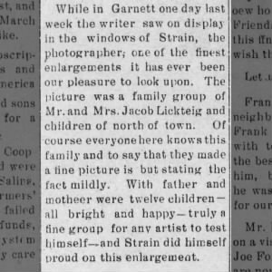  M & M Jacob Lickteig and 12 children take photo at Strain's , Greeley Graphic 2 Mar 1922, Pg 3