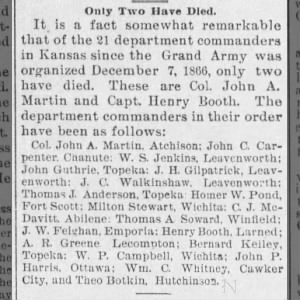 Anderson, Thomas J Topeka GAR Commander Lone Elm Ledger, 25 Feb 1898, p 2