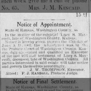 Lucy S Maycroft estate assigns executor J. W. Thompson 1907