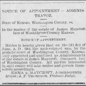 Emma E. Maycroft Appointed Admin to estate of James Maycroft 1904