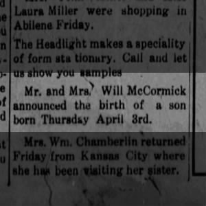 Harold McCormick birth announcement