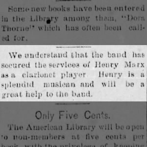 Henry Marx (HC) hired by Linn Band ("Linn Local Record" June 2, 1892)