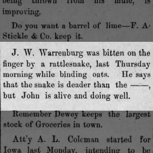 J W Warrenburg Bitten by Rattlesnake - July 1884, Centralia, Kansas