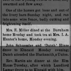 Mrs E Miller dines at Burnham home and tea with Mrs. IA Hunter