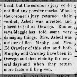Mrs. Crowley goes to Oswego after sister dead.
Weir City Feb 4, 1896
