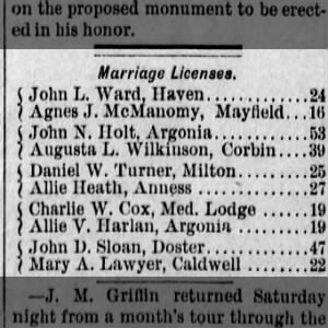 Daniel W Turner marriage license to Allie Heath Jan 30 1890