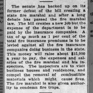 Senate passes bill creating Fire Marshall law Feb 1913