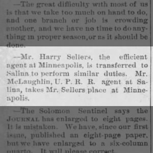 Harry Sellers transferred from Minneapolis to Salina as agent for U.P.R.R..