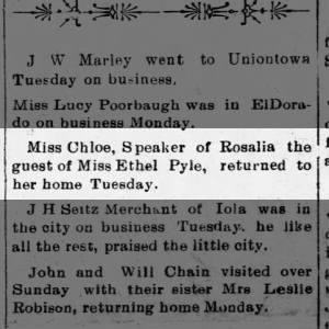 Miss Cloe Speaker of Rosalia returned home from Visiting Ethel Pyle. Tuesday April 19, 1908
