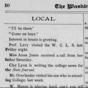 Visit from father, Annie Jane Jones at Washburn College, 1891