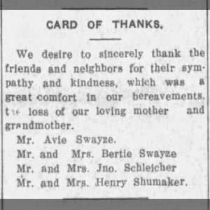 Card of Thanks 1915, death of Sophia Adams Swayze