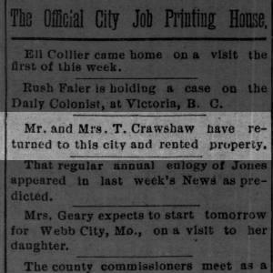 Titus Crawshaw returns to Yates Center and rents property. May 1892
