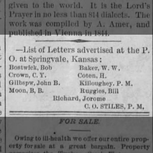 Killoughey PM letters advertised Springvale, KS pub 03.10.1888