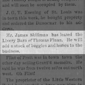 1885 James Skillman leases Livery Barn from Thomas Finan