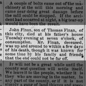 1885 Death of John Finan, son of Thomas Finan
