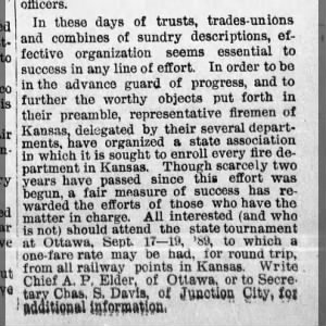 Kansas is organizing a state association to enroll every fire department in the state. Sept 1889