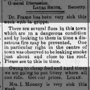 Editor E. Davis Jr. concerned about bad flues causing a disastrous fire. Feb. 1890