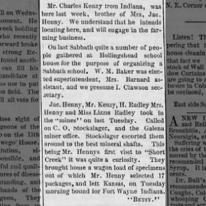 Mr. and Mrs. Charles Kenzy     Columbus, Kns.  Fri, April 26, 1878    The Columbus Vidette page 5