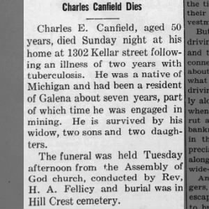 Charles E Canfield death, age 50, Galena April 1931