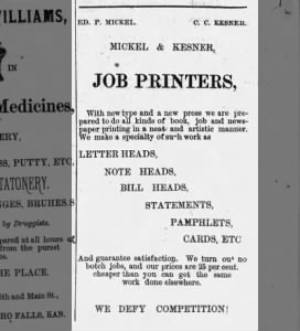 1878 Mickel and Kesner
advertisement fort Job Printers