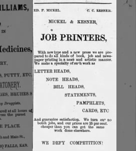 1878 Kesner and Mickel advertisement for Job printers