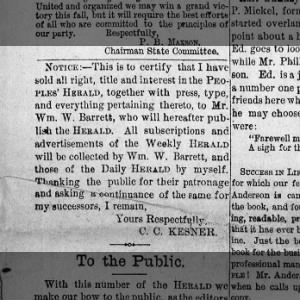 1878 Kesner sells Peoples' Herald