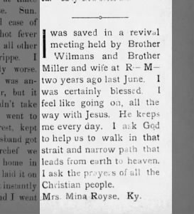 Testimony of one Mrs. Mina Royse, KY in a Kansas Salvation Messenger newsletter
