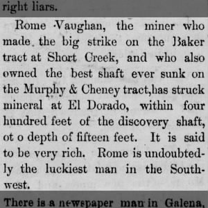 Rome Vaughan makes big strike at Baker Diggings on Short Creek 1879