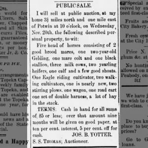 Joseph B Yotter farm sale Peabody Wk Repub p4 15 Nov 1889