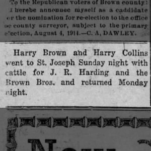 Brown - Harry 1914 Kansas News Article about selling cattle.