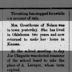 Mrs. Greathouse moves back to Nelson township, in Cloud Co., KS