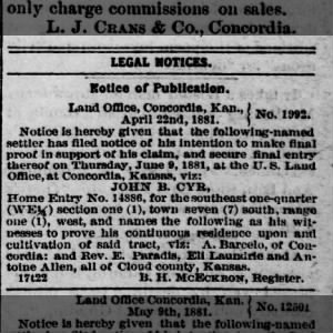 John B Cyr claim of homestead. Newspaper - Clyde Democrat 18 May 1881