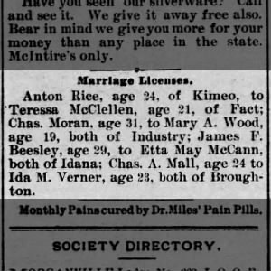 Ida Verner marries Charles Mall. 1894