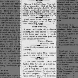 Death notice Winton L. Pollock 
Thomas Moger baby girl 12 July 1888 Beloit Weekly Courier Beloit, Ks