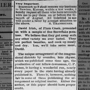 James - Irish 2 Aug 1883  Beloit Courier Beloit,  KS 