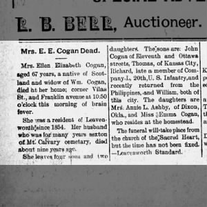 Ellen Elizabeth Bassett Cogan 
Obit Mar 1900