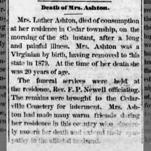 17 May 1883, Death of Luther Ashton's wife Rhoda Batt