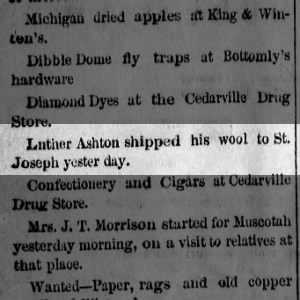 28 Jun 1883, Luther shipped wool to St. Joseph