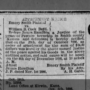 Emery Smith vs William B Cook 1886