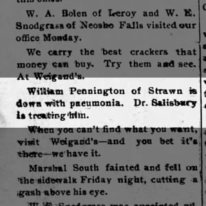 William Pennington has pneumonia; 6 Feb 1902; Burlington KS Herald