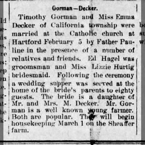 Gorman-Decker
Burlington Herald
14 Feb 1902