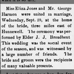 1897-10-02 Elder J J Boadbent marries Harmon=Jones nr Hunnewell HUNNEWELL REPORTER Sat. p1